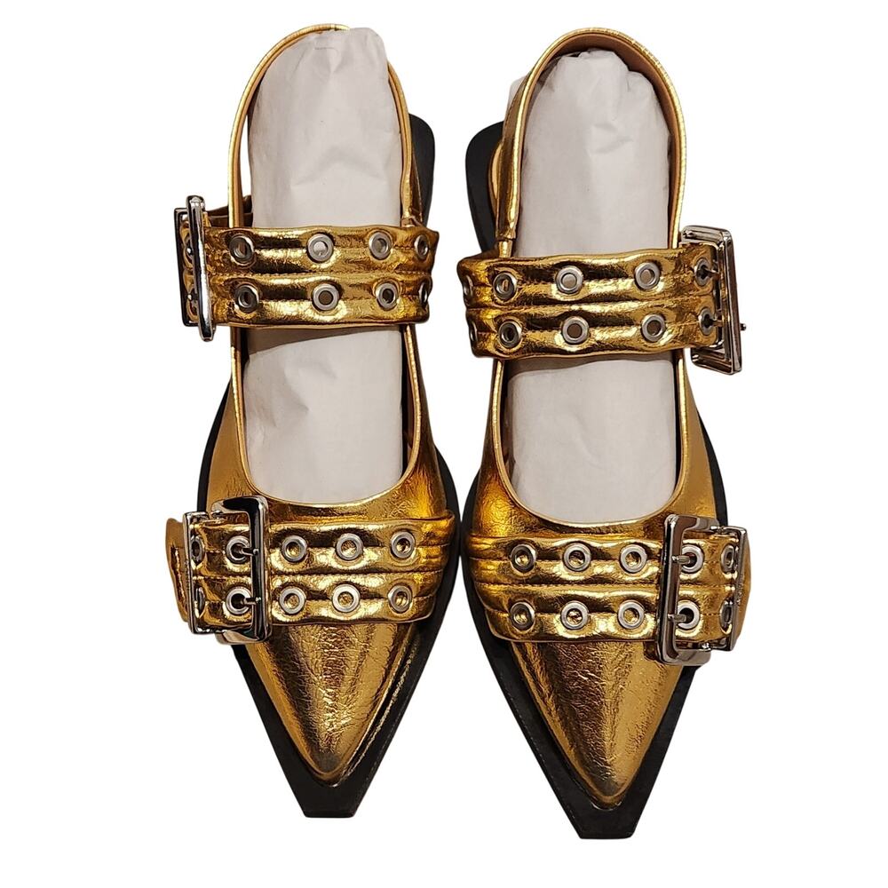Ganni Gold Feminine Chunky buckle Ballerina Flats size 10